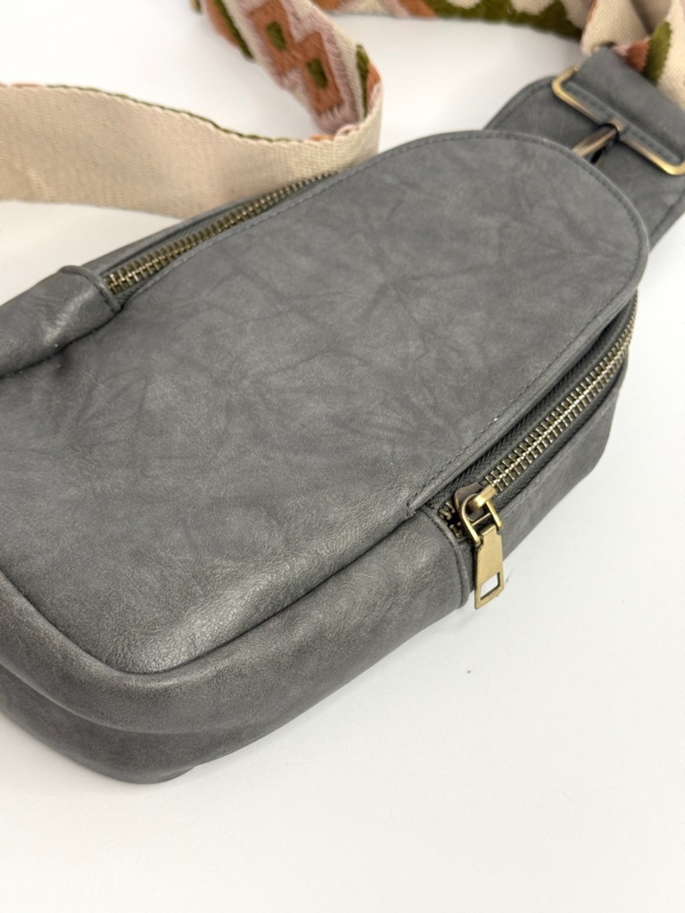 Gray Small Sling Crossbody Bag w/ Patterned Strap - Picture 5 of 10